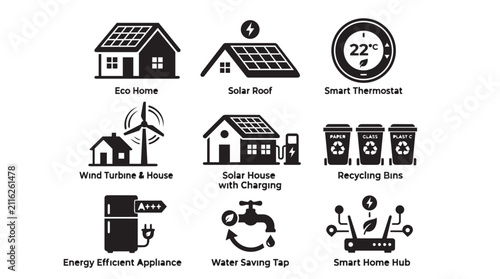 Eco friendly home icons set. Sustainable energy and green technology vector symbols.