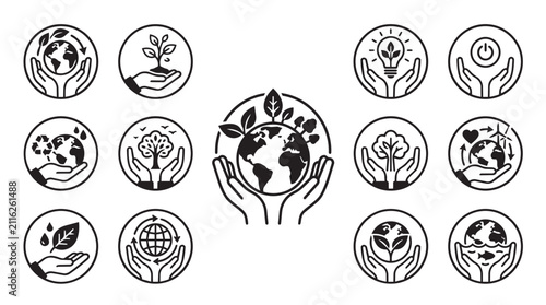 Hand-drawn world environment day icons set. Eco-friendly globe symbols for sustainability campaigns and green initiatives.