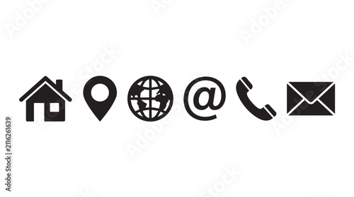 Flat design communication icons set for business and technology. Vector symbols for home, location, global network, email, phone, and settings.