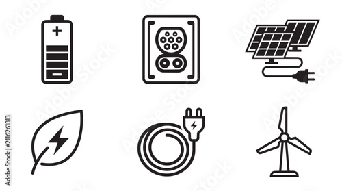 Renewable energy sources and power generation icons. Clean technology symbols for sustainable electricity production and green solutions.