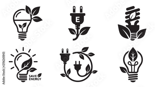 Eco-friendly energy saving icons set with renewable power concepts. Sustainable electricity symbols for green technology and conservation campaigns.