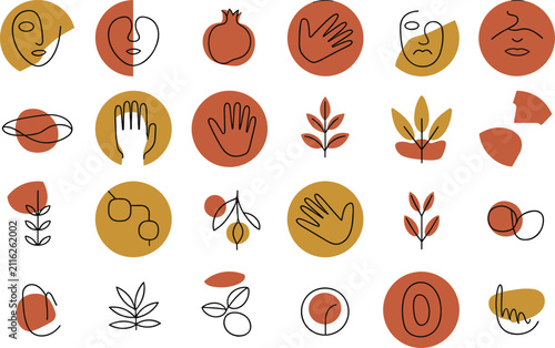 Obraz na płótnie Boho Fine Line Art Icon Set Featuring Minimalist Face Profiles Hands and Botanic