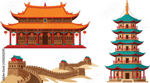Canvastavla Traditional Chinese architecture set with temple, pagoda, and Great Wall, vector