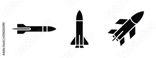 Missile and rocket icon set, defense, aerospace, space exploration, launch vehicle, flight technology, outline and solid symbols, vector illustration.