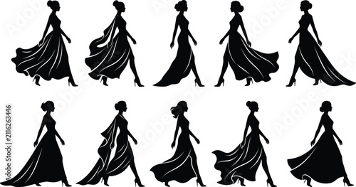 Obraz na płótnie Elegant fashion model silhouette set, women in evening dresses walking vector il