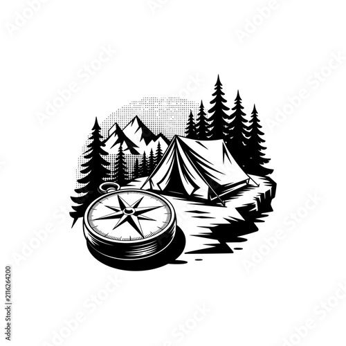 Camping tent with mountains, trees, and compass vector design illustration on white.