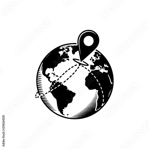 World travel icon, global journey, pin pointer destination, dashed line route vector.