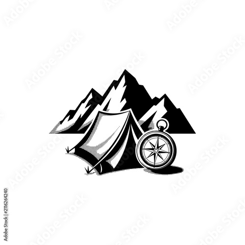 Camping tent with mountain peaks and compass vector design illustration on white.