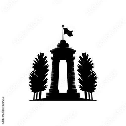 Ancient arch building with flag and trees vector design illustration on white.