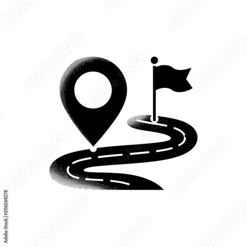 Road map icon, journey pin pointer, flag marker, destination travel navigation.