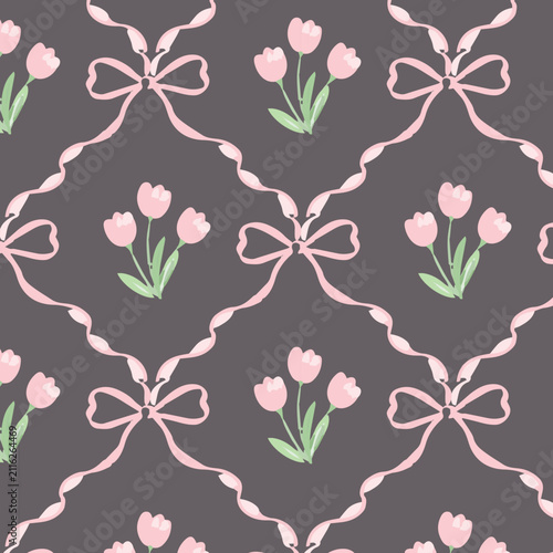 Coquette Floral trellis seamless pattern with bows and ribbons. Preppy spring summer hand drawn flowers. Botanical elegant trendy print. Vintage design for fabric, wallpaper, decor, background, paper