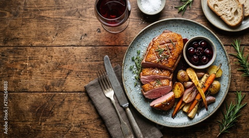 A beautifully plated roasted duck sits on a rustic wooden table. The duck is glazed with a rich, dark sauce and accompanied by roasted potatoes, carrots, and redcurrants.