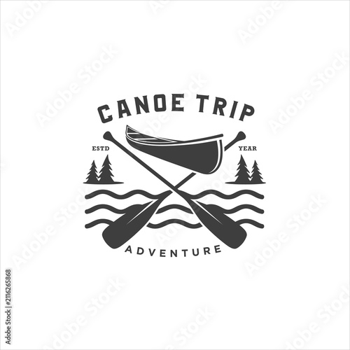 Vintage Style Canoe with Crossing Wooden Paddle Logo Design Illustration, Perfect for Fishing, River or Lake and Outdoor Adventure