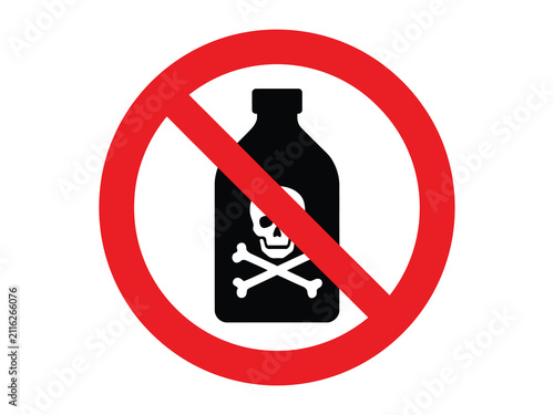 Poison container silhouette with skull and crossbones inside a red prohibition circle on white toxic hazard danger warning