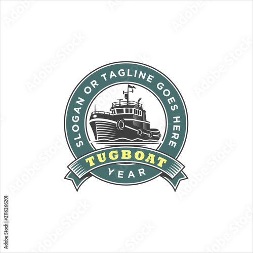 Badge or Emblem Style Tug Boat River Marine Transportation Logo Design Illustration