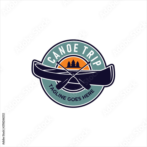 An Emblem Style Canoe and Two Crossed Paddles Logo Design Illustration. Perfect for Outdoor Lake and River Adventure