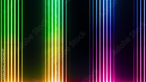 Colorful vertical laser columns glowing with rainbow neon light on black.