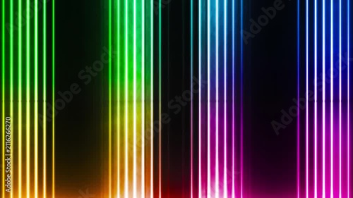 Rainbow neon laser pillars glowing vertically on a dark futuristic background.