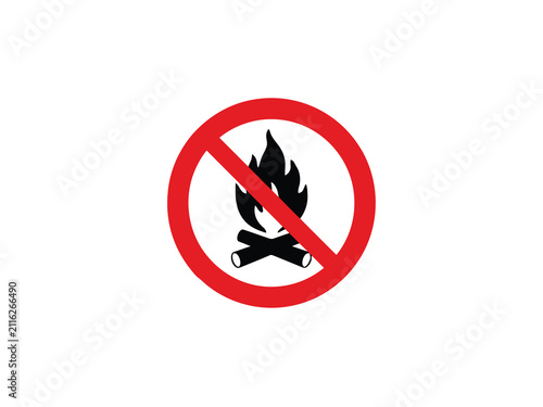 No fire symbol a black silhouette of burning logs within a red prohibition circle flames wood restriction danger