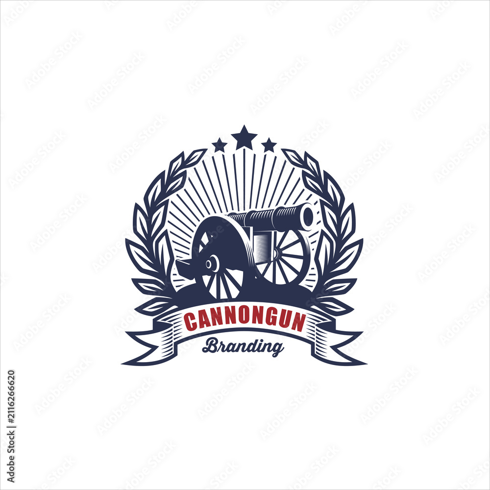 Obraz premium Vintage Emblem Style Cannon Gun Artillery Weapon Logo Design Illustration