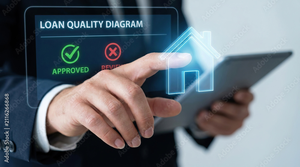 Obraz premium Business hand touching home loan quality diagram mortgage approval tablet Business hand touching digital home icon with loan quality diagram, mortgage approval interface, real estate finance