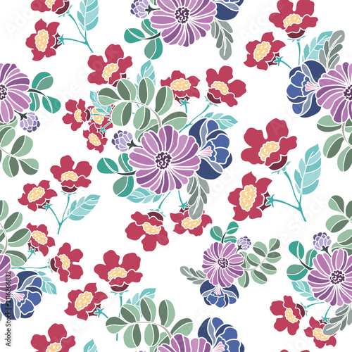 coquette seamless pastel flowers pattern. Delicate red and vibrant blossoms create an artistic and vintage botanical illustration. Perfect for wallpaper, fabric, wrapping paper and more.