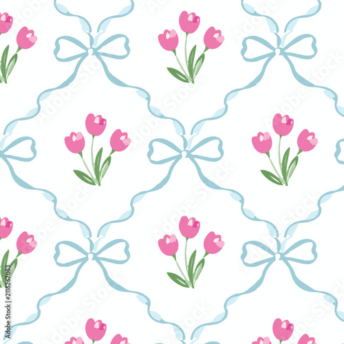 Coquette Floral trellis seamless pattern with bows and ribbons. Preppy spring summer hand drawn flowers. Botanical elegant trendy print. Vintage design for fabric, wallpaper, decor, background, paper