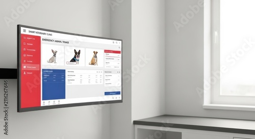Modern veterinary clinic software displaying pet patient records and appointments on a digital screen