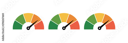 Performance gauge meters with five circular dial indicators, color coded green to red segments, black needles, speed, risk, rating and score vector illustration