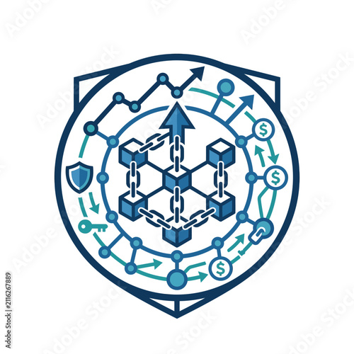 A digital illustration of a secure financial blockchain network system