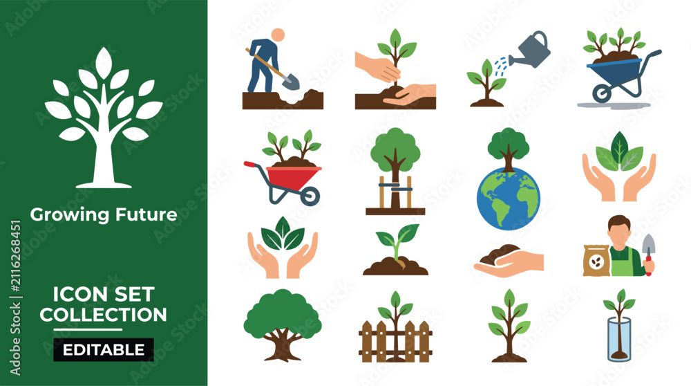 Fototapeta premium Ecology Icons. Includes symbols for planting, growth, globe, hands, watering can. Flat design UI elements for environmental projects.