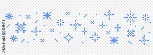 Fotografie Pixel winter snowflake border, seasonal blue crystal seamless decorative elements in pixel art