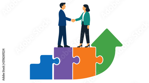 Vector illustration of a businessman and businesswoman shaking hands on top of colorful jigsaw puzzle pieces shaped like an upward arrow, representing teamwork, success, and business growth.