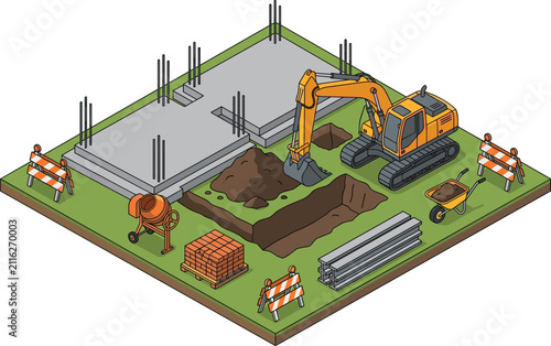 Isometric House Foundation Construction Site Vector Illustration with Excavator Digging, Concrete Slab, Barriers, Rebar Pillars, and Building Materials Equipment