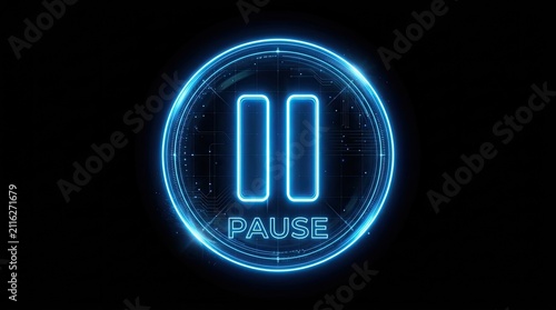 Glowing blue futuristic pause button icon for a digital media player user interface.