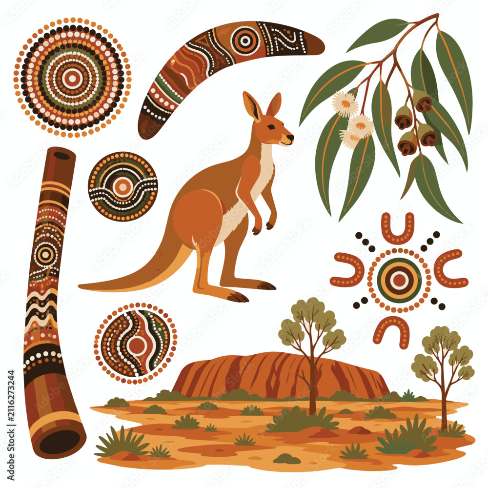 Fototapeta premium Australia Travel Landmarks and Wildlife Flat Vector Illustration