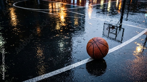 A close-up perspective of a basketball on a wet outdoor court at night with reflections