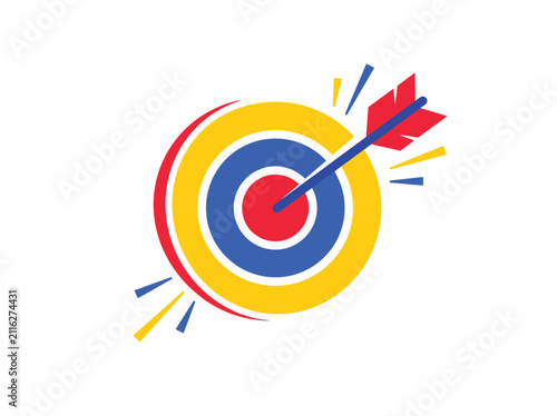 Colorful target board with arrow hitting the bullseye representing business success, achievement, and strategy concept in flat vector design