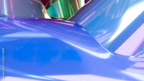 Iridescent metallic waves reflecting vibrant colors in a smooth surface