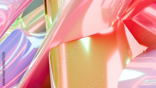 Glossy abstract shapes with iridescent colors reflect light beautifully.