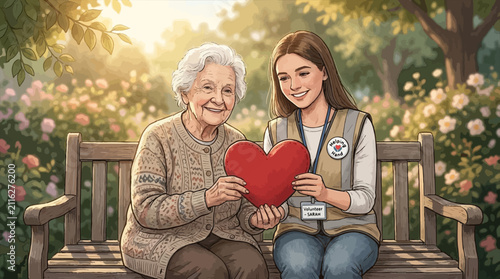 Young volunteer and senior woman holding red heart.