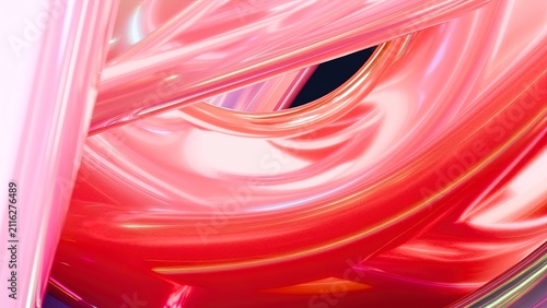 Gleaming pink and red abstract forms intertwine.