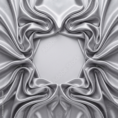 Circular Silver Satin Mandala Frame with Flowing Wavy Drapes and Central Copy Space