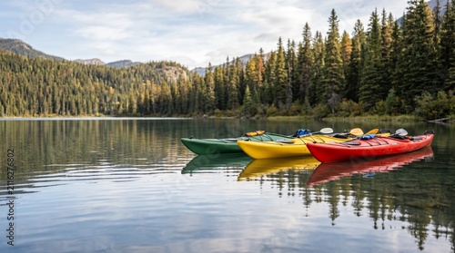 Three colorful kayaks with red yellow and green colors floating on calm lake water surrounded by pine forest