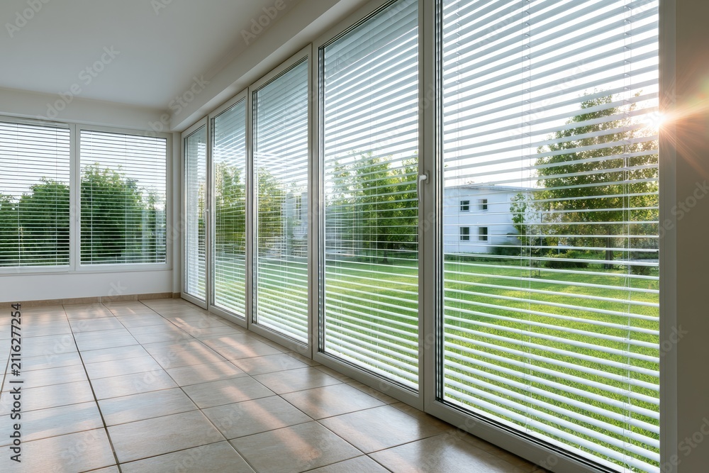 Fototapeta premium Sunlit Sunroom with Large Windows and Green Lawn View.