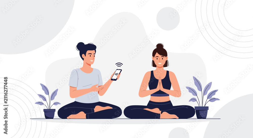 Obraz premium Two people practicing yoga together, one using a smartphone app for guided meditation and mindfulness.