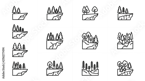 Obraz na płótnie Cliff Edge Landscape Icons Set: Pine and Deciduous Trees on Rocky Outcrop - Vect