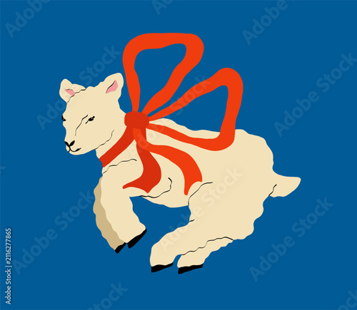 Happy Jumping White Lamb with Oversized Pink Bow Kawaii Vector Illustration