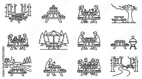 Picnic Table Collection: Outdoor Dining, Recreation, and Social Gatherings Illustrations