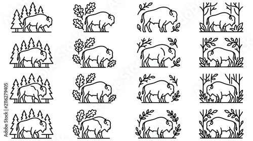 Quadro su tela Bison Herd in Natural Forest and Meadow Scenes - Minimalist Line Art Collection